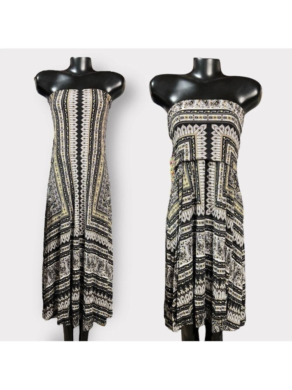 97 INC Strapless Convertible Dress Medium Black White Floral Geometric Auction